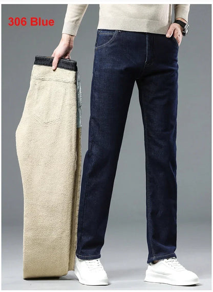 Winter Warm Fleece Jeans Men 2023 Straight Stretch Thick Casual Thermal Denim Pants Male Business Work Trousers New Men Clothing