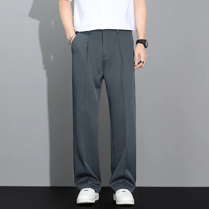 Men's 2026 Summer Korean Style Loose Straight Leg Draping Lightweight Casual Pants Slacks Khaki Dark Gray Black Trousers Male