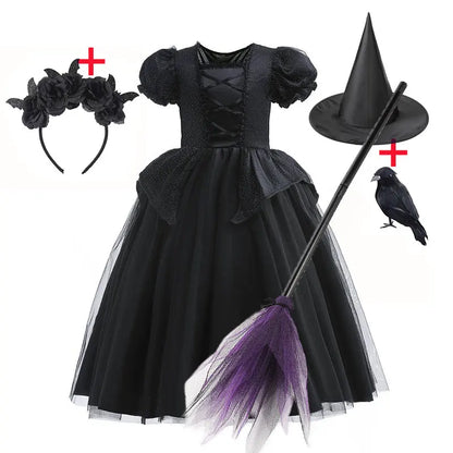 Deluxe Witch Uniform Girl Halloween Costume Evil Wizard Dress with Witch Hat Kid All Saint Day Stage Performance Apparel Vestido