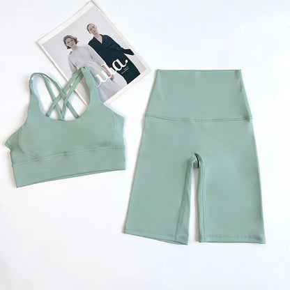 2 Pieces Yoga Shorts Gym Sports Sets Women Fitness Suits Cross Back Bra Top High Waist Shorts Running Workout Clothes Tracksuit