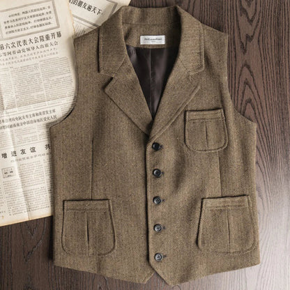 Men Vest Brown Herringbone Single Button With Lapel And Pocket Waistcoat For Wedding Banquet Business Casual Work Men Suit Vest