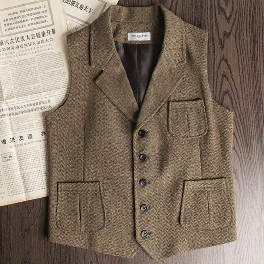 Men Vest Brown Herringbone Single Button With Lapel And Pocket Waistcoat For Wedding Banquet Business Casual Work Men Suit Vest