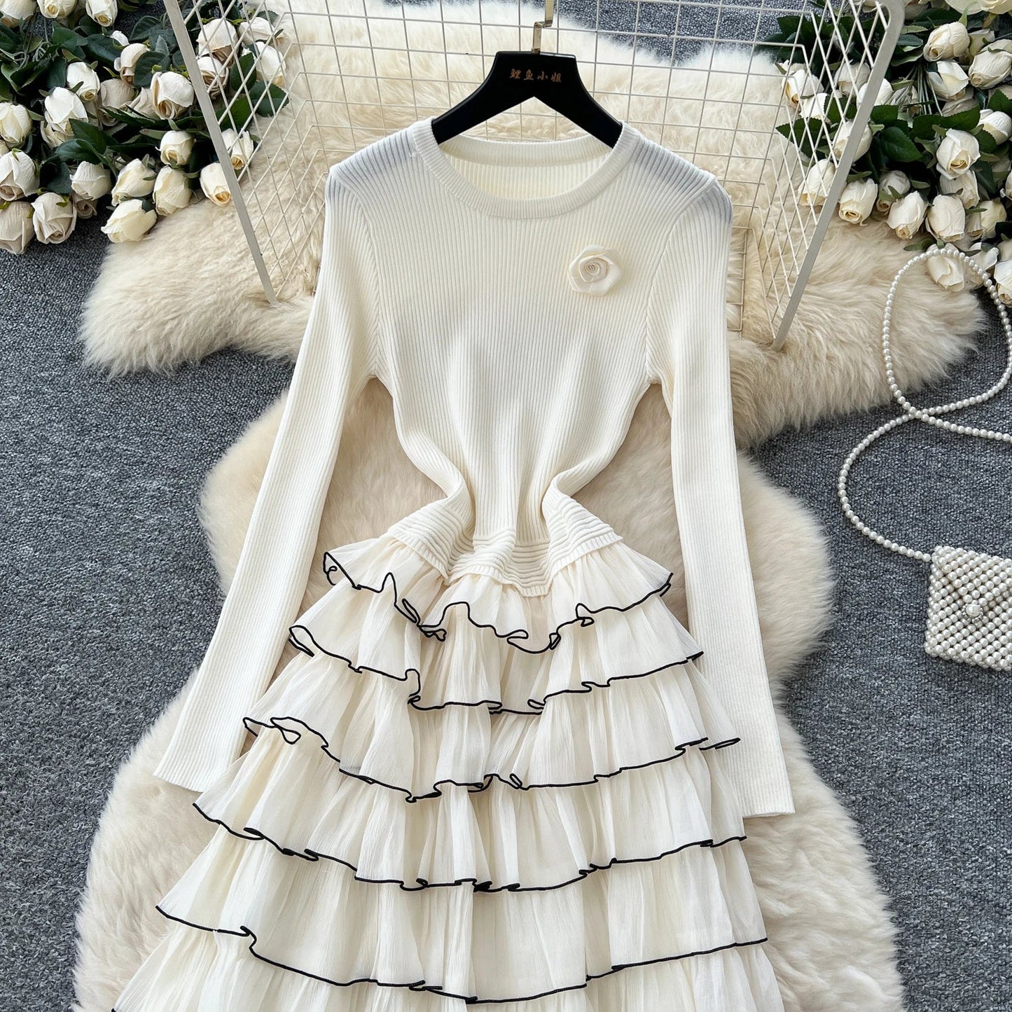 Autumn 3D Floral Spliced Long Dress 2025 Female O Neck Long Sleeves High Quality Slim Luxury Knitted Party Cake Dress