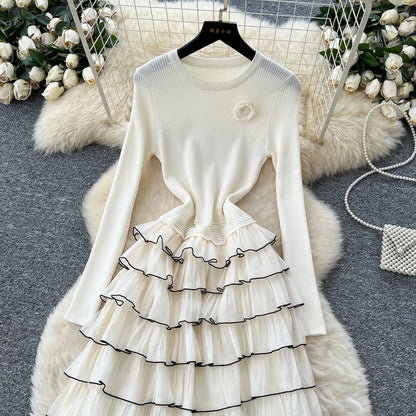 Autumn 3D Floral Spliced Long Dress 2025 Female O Neck Long Sleeves High Quality Slim Luxury Knitted Party Cake Dress