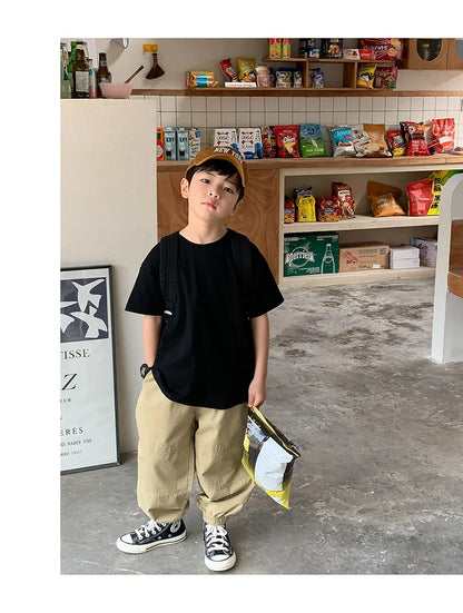 Summer Casual School Kids Cotton Plain Tee Tops Baby and Boys Short-Sleeved T-Shirt Children Outfit Clothing 1-16 Years