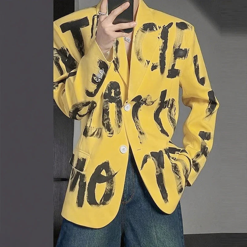 Men Blazer Printing Lapel Long Sleeve Button Korean Style Casual Male Suit Streetwear 2025 Elegant Fashion Thin Coats