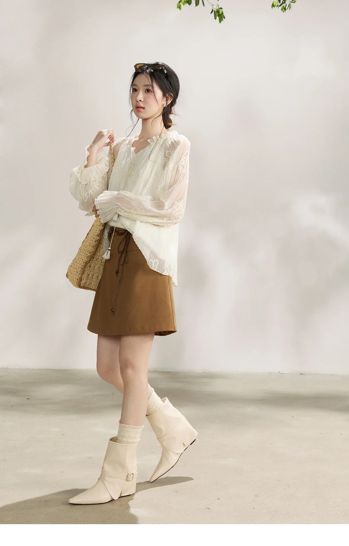 Women's Tassel Tie Flower Embroidered Blouse 2026 Spring V-Neck Lantern Sleeves Top Casual Loose Sheer Blouses MXF13X2525