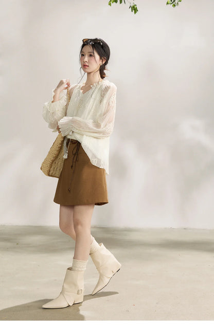 Women's Tassel Tie Flower Embroidered Blouse 2026 Spring V-Neck Lantern Sleeves Top Casual Loose Sheer Blouses MXF13X2525