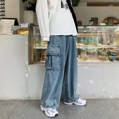 Baggy Jeans Men's Oversize Streetwear Fashion Wide Leg Cargo Pants Hip Hop Harajuku Multi-Pocket Denim Trousers Black Blue