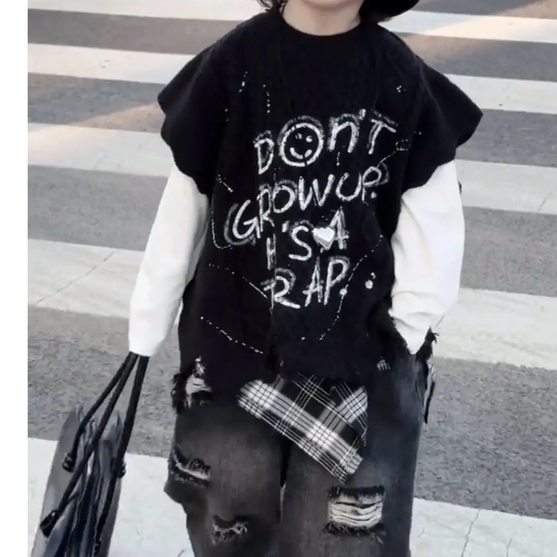2026 Spring Fall Outfits Baby Kid Boys Knitted Letter Graffiti Vest+ Long Sleeved T-shirt +Grid Fart Curtain Hole Pants 3pcs Set