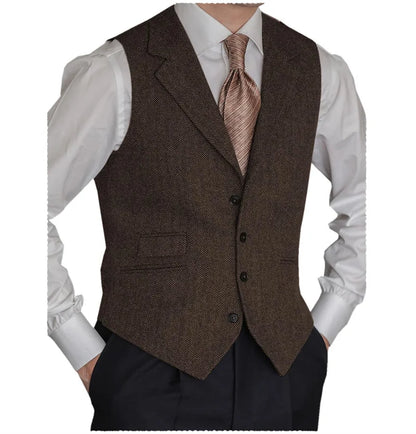 Men's Formal Suit Vests Slim Fit Males Tailored Collar Herringbone Tweed Casual Business Waistcoat Groomsman Vest For Wedding