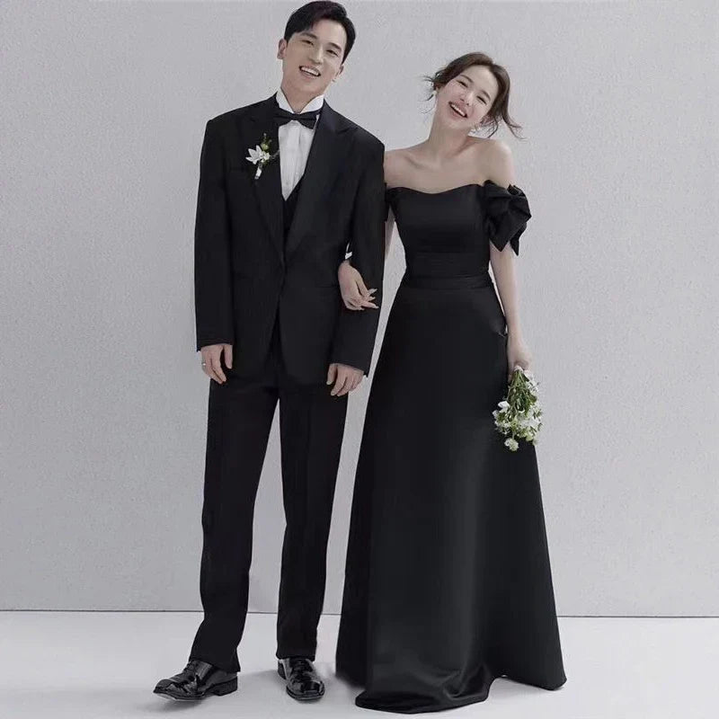 Wedding Dresses Sweet Bow Off The Shoulder For Women 2024 Satin Black Evening Dress Elegant Floor-length Simple Wedding Shooting