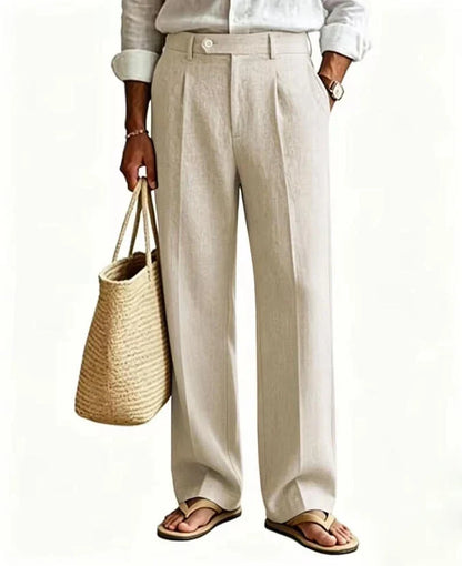 Beige Men's Linen Pants Breathable Cool Straight Leg Trousers High Waist Pleated Lightweight Summer Casual For Beach Vacation