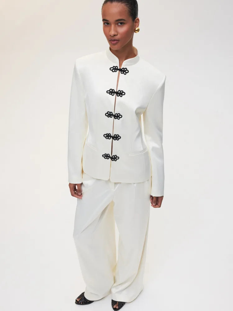 Women's Spring Summer Satin Mandarin Collar Knot Button Blazer Chic Formal Casual Wear 2026 Trendy Feminine Fashion Coat