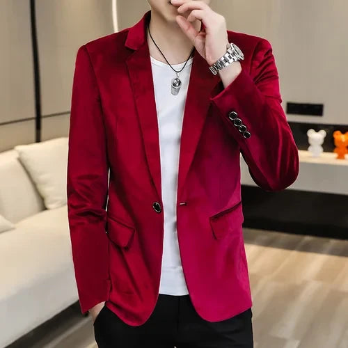 2026 Men's Red Slim Suit Jacket, Long Sleeve Single Button Dress Coat, Asian Size Teenagers Blazers Blue Green Black Male Tops