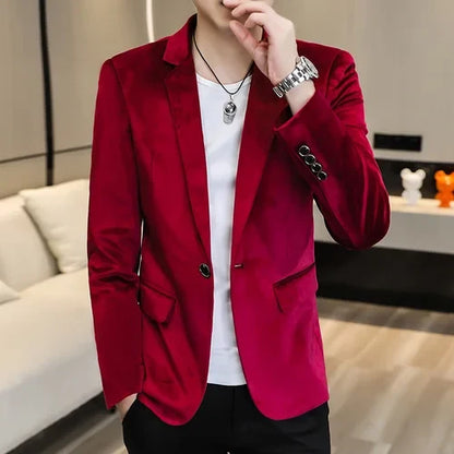 2026 Men's Red Slim Suit Jacket, Long Sleeve Single Button Dress Coat, Asian Size Teenagers Blazers Blue Green Black Male Tops