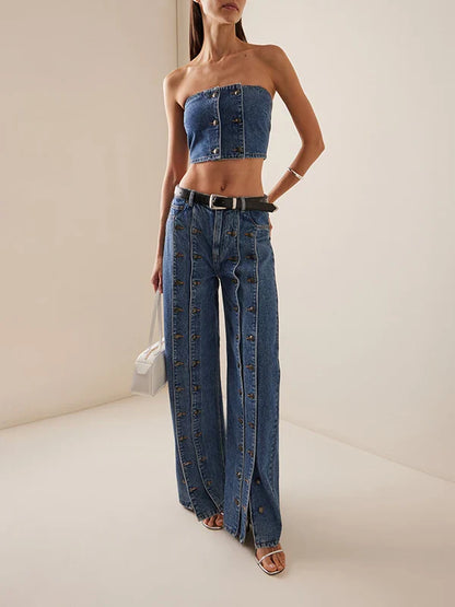 Spring Autumn Womens Stylish Button Jeans Pants 2025 New Vintage Denim Long Trousers Woman Fall Bottoms Clothes