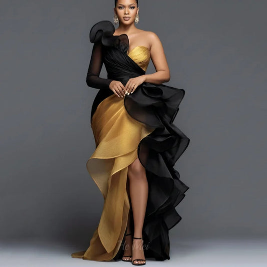 Party Gowns Customized Vintage One Shoulder Prom Dresses Contrast Color Split Evening Dress New Arrival فساتين سهرة
