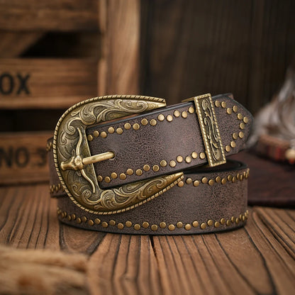 Men - Women - Western Denim - PU Leather - Belt - Vintage Jeans with Floral Carved Buckle Belt