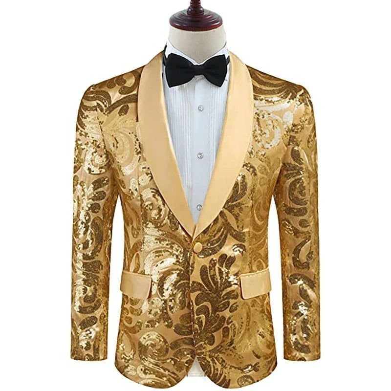 2026 Men's Shiny Gold Sequins Blazer Stylsih Shawl Collar One Button Tuxedo Floral Suit Jacket Party Wedding Groom Costume Homme
