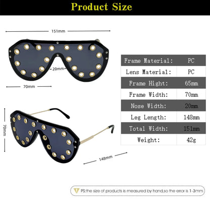 Trendy y2k Oversized One-piece Sunglasses Women Luxury Metal Rivet Party Cool Big Frame Shades UV400 Beach Club Streetwear