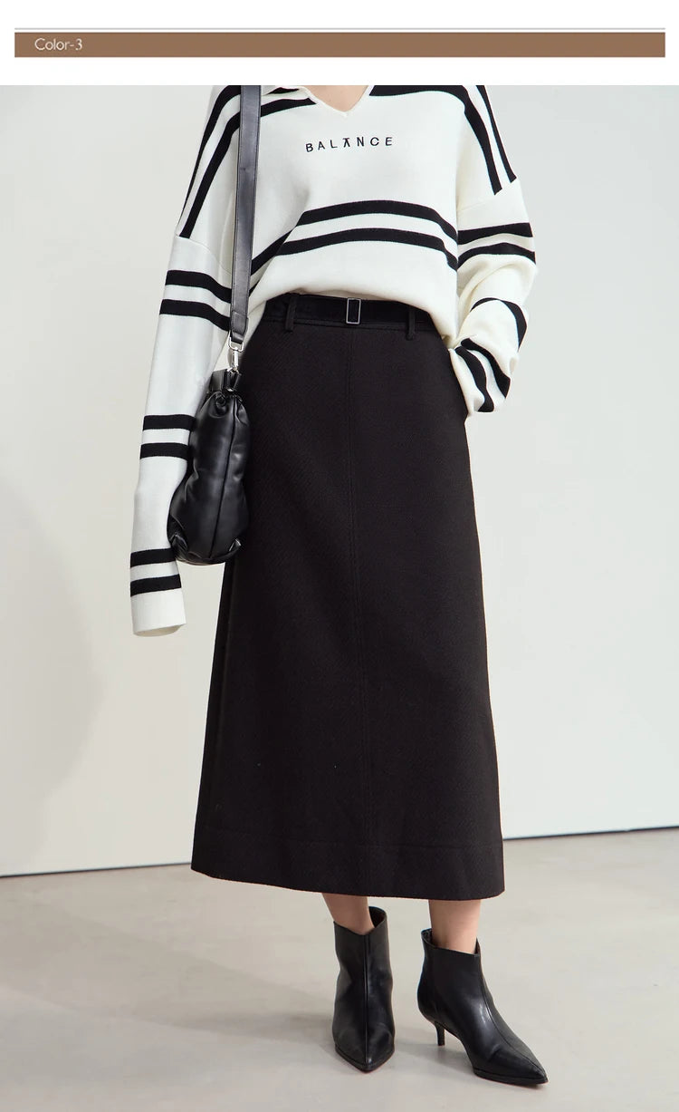 Minimalism Women's Elegant Commuter Skirts with Velvet Belt 2024 Winter Twill Fabric Warm Slit Straight Midi Skirt 12444183