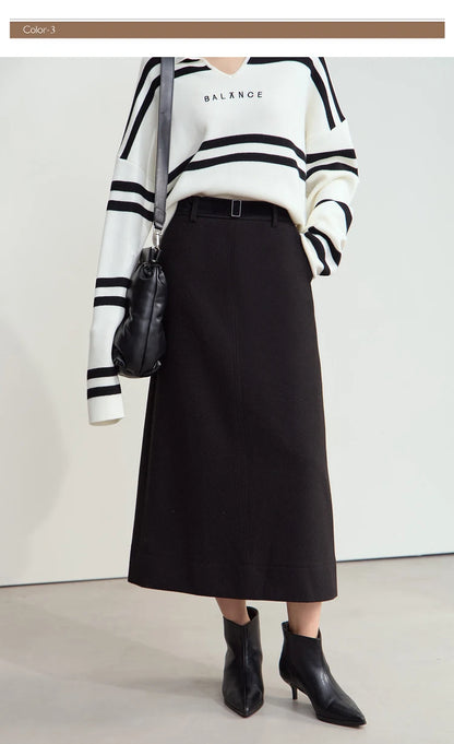 Minimalism Women's Elegant Commuter Skirts with Velvet Belt 2024 Winter Twill Fabric Warm Slit Straight Midi Skirt 12444183