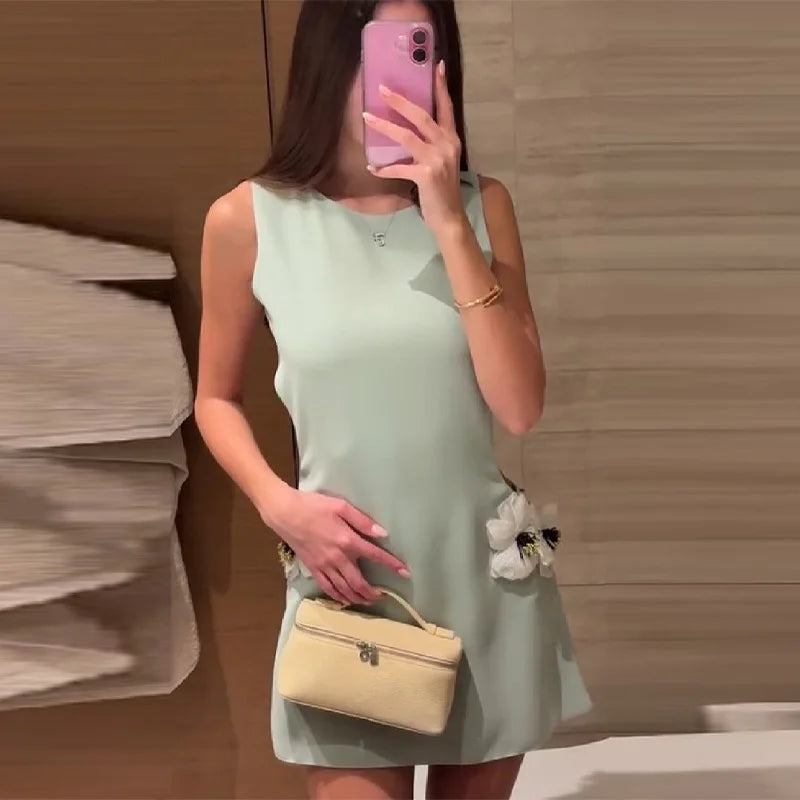 Women's Round Neck Solid Sleeveless Dress Sexy Waist Side Cut-outs Slim Mini Skirt Female New Date Commuter Party Clothes