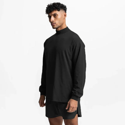Oversized Long Sleeve Running T-shirts Mens Turtleneck Dropped Shoulder Loose Sports Fitness T Shirt Gym Bodybuilding Tops Tees