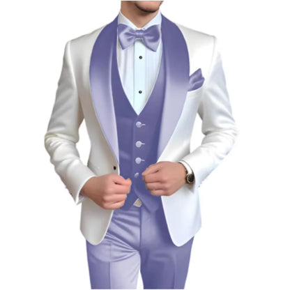 Customized Men's 3 Piece Tuxedo With Scarf Lapel Smoking Suit Wedding Groomsmen Formal Party Blazer Terno Masculino