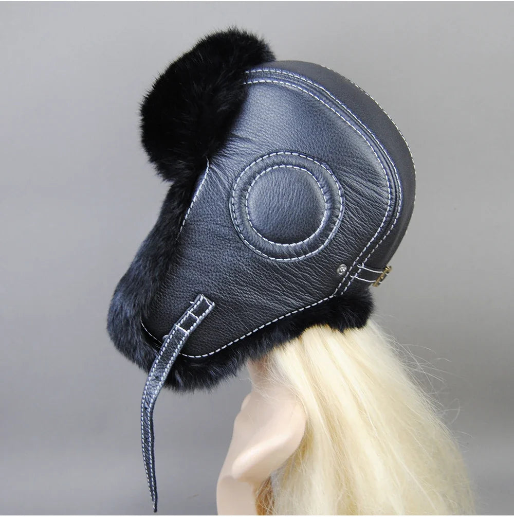 Hot Sale Winter Women's 100% Real Rabbit Fur Bomber Hat Ushanka Cap Trapper Russian Woman Ski Hats Caps Real Sheepskin Leather