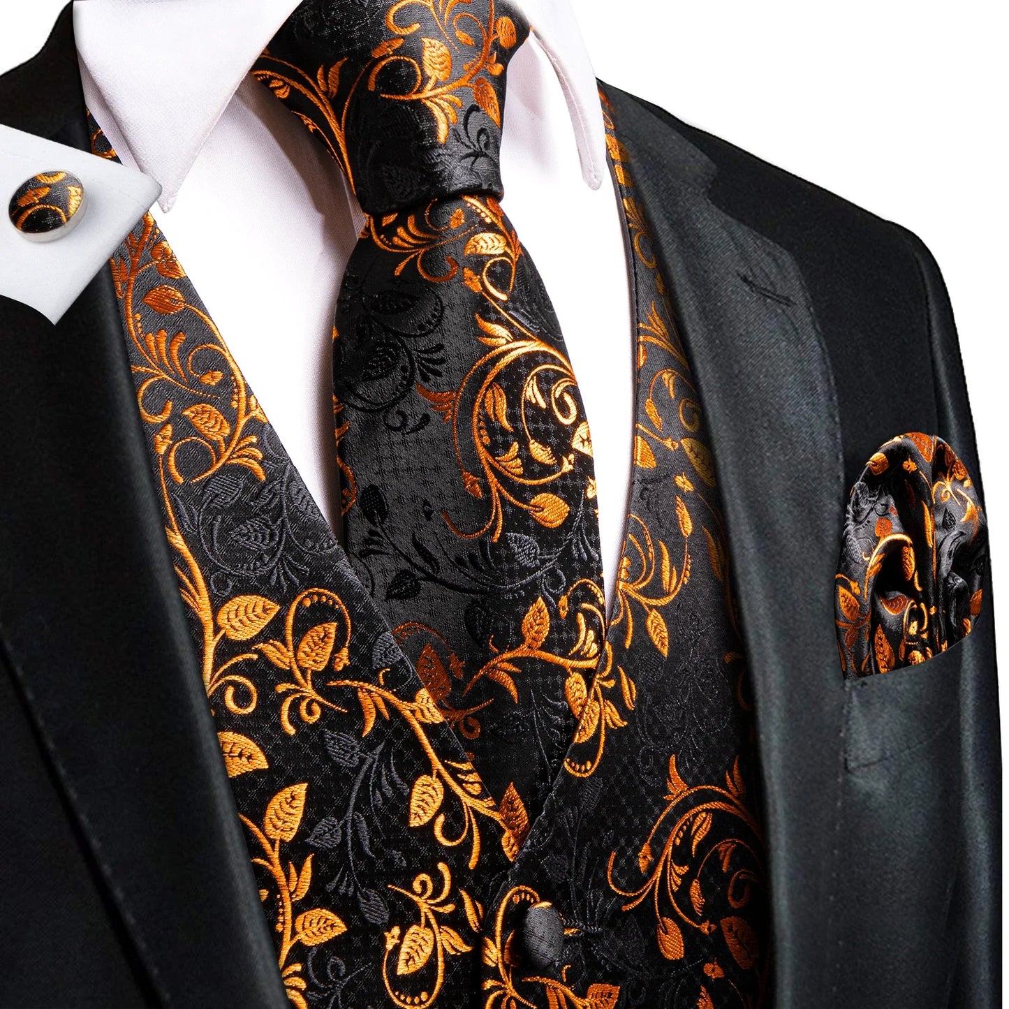 Silk Mens Vests Sleeveless Waist Jacket Jacquard Black Orange Floral Waistcoat Tie Hanky Cufflinks Set for Men Casual XXL