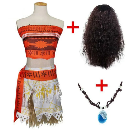 Kids Cosplay Vaiana Moana Princess Costume Dress Adult Necklace Wig Girl Halloween Party Moana Dress Costume Cosplay