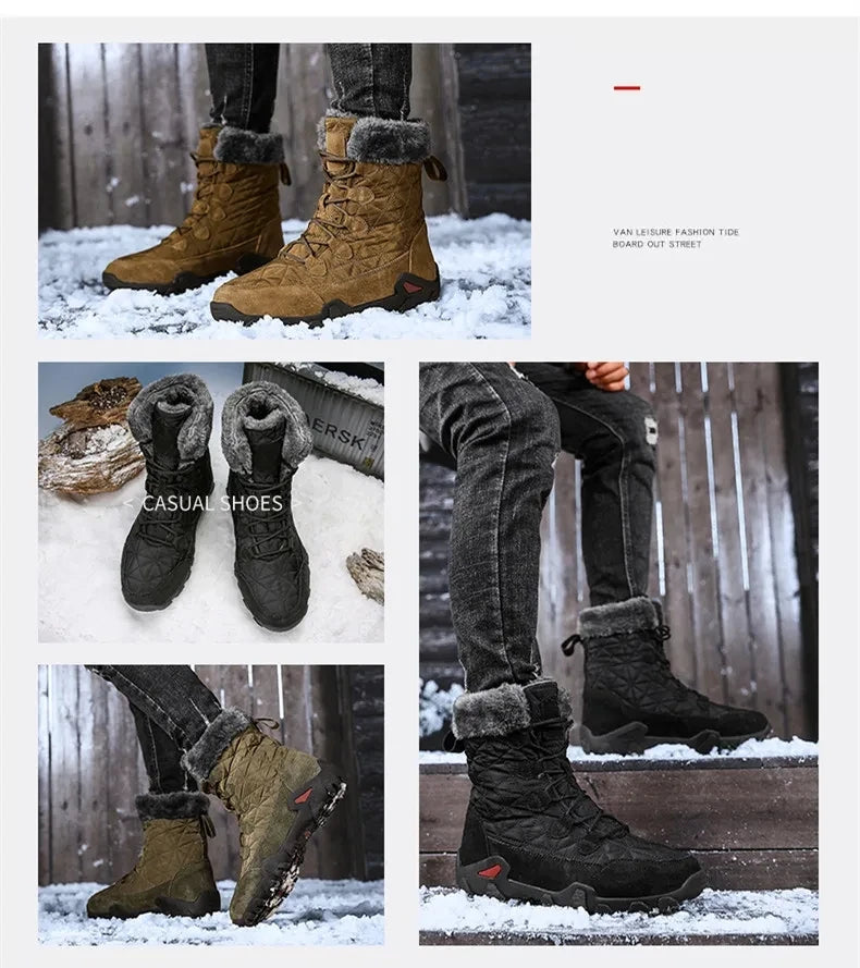 New Winter Men Snow Boots Fur Plush Warm Men Ankle Boots Plus Size Waterproof Men Boots Outdoor Non-Slip Hiking Boots Work Shoes
