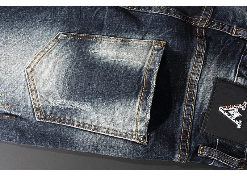 Streetwear Fashion Men Jeans Retro Black Blue Elastic Slim Fit Ripped Jeans Men Spliced Designer Embroidery Hip Hop Denim Pants