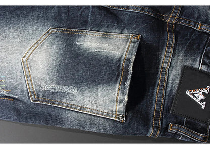 Streetwear Fashion Men Jeans Retro Black Blue Elastic Slim Fit Ripped Jeans Men Spliced Designer Embroidery Hip Hop Denim Pants