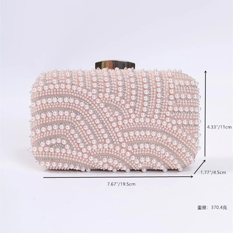 Ladies Pearl Elegant Evening Bag Fashionable Stylish Beading Wedding Dinner Party Banquet Dress Clutch Bag with Long Chain Purse