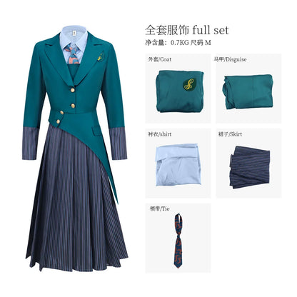 Anime Wicked Witch Glinda Women's School Uniform Role Playing Dress Girl Blue Shirt Green Coat Stage Performance Dress