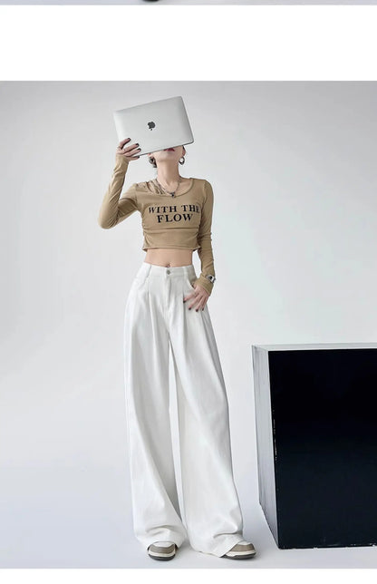 White Thin Pleated High Waist Non-Light Wide Leg Jeans Women's American High-End Loose Straight Lazy Floor-Length Pants