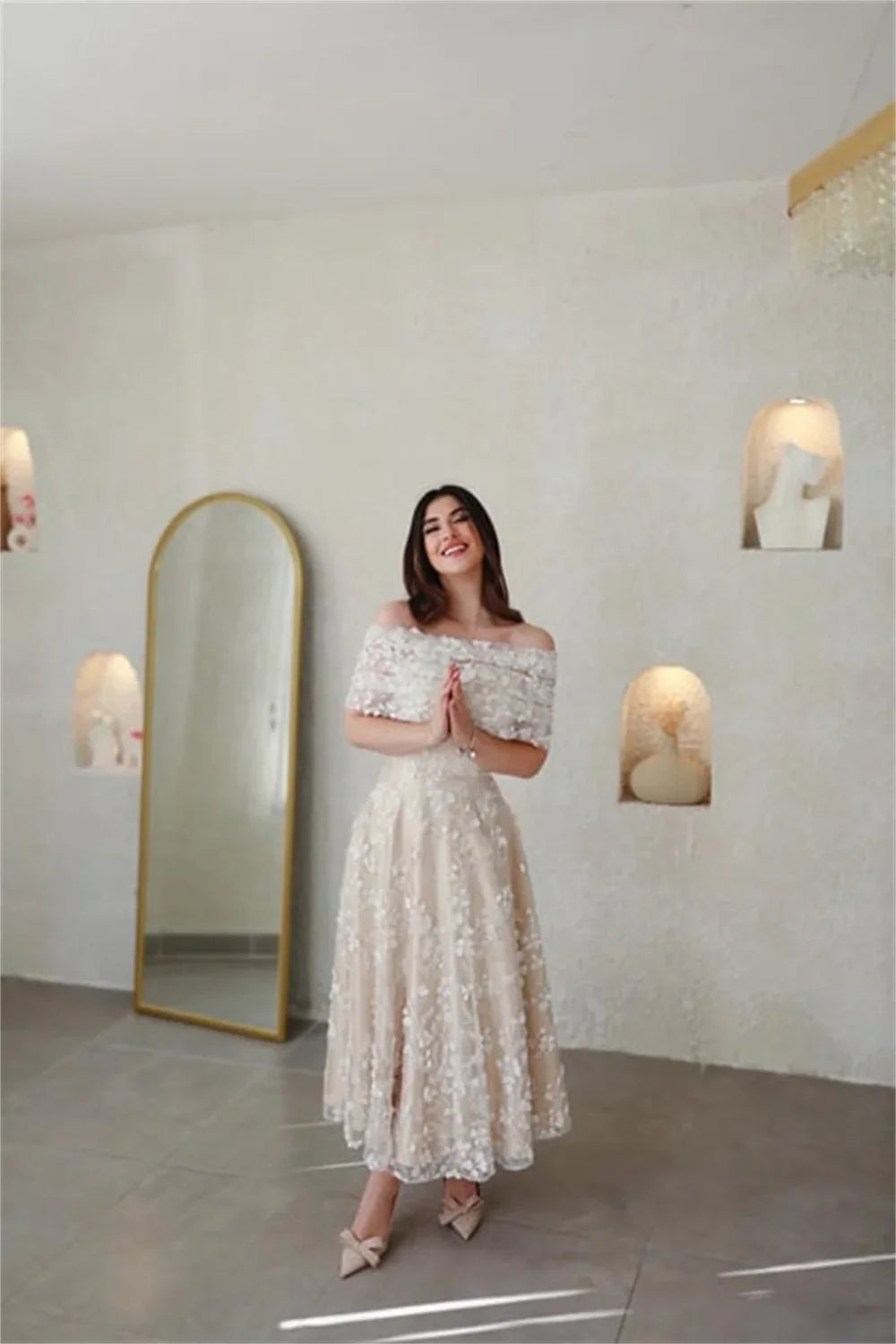 Champagn Tulle Evening dresses Off the Shoulder A-line Vestidos De Fiesta Elegant Long Sleeves Ankle-length  فساتين سهرة
