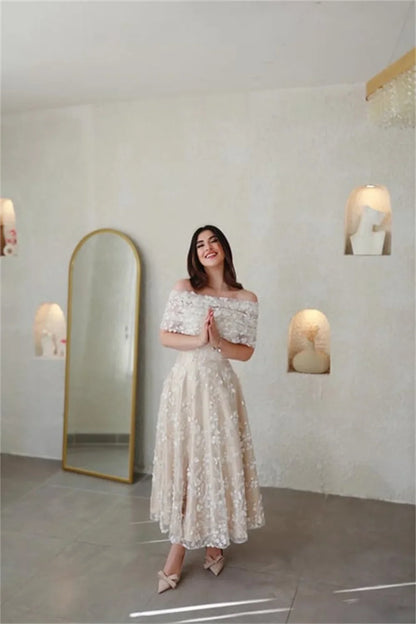 Champagn Tulle Evening dresses Off the Shoulder A-line Vestidos De Fiesta Elegant Long Sleeves Ankle-length  فساتين سهرة