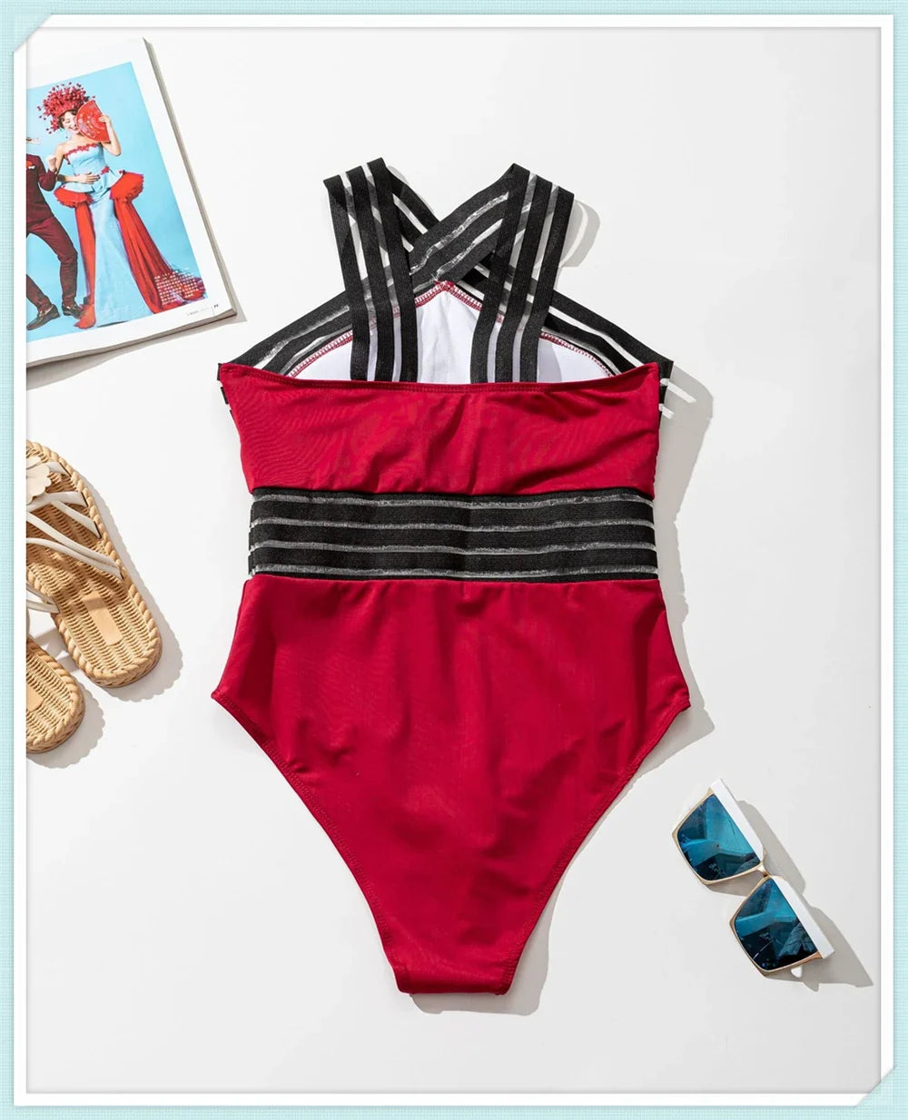 Solid Mesh Tape Swimsuit 2026 One Piece Sexy High Neck Swimwear Women Cross Front Bathing Suit Female Padded Beachwear Bodysuit