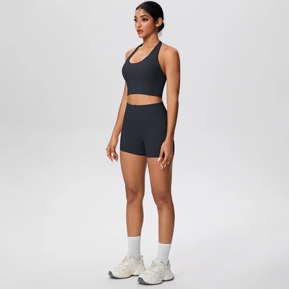 2picese Women Yoga Suit Solid Color High Waist Hip Push Up Fitness Shorts Sexy Pilates Backless Gym Hanging Neck Bra Yoga Set