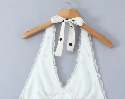 Lace Spliced Polka Dot Halter Dress Women Elegant A-line Mini Sexy Backless Dresses Summer Robe 2025