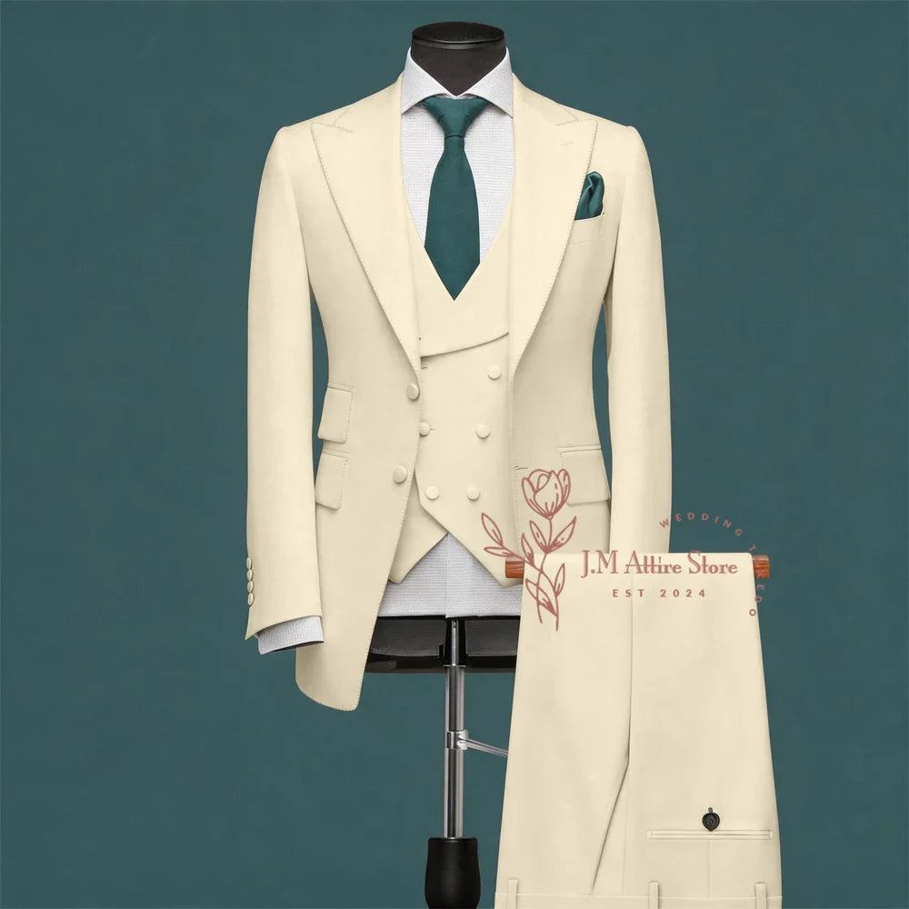Light Green Men’s Suit Slim Fit Peak Lapel Jacket Double Breasted Vest Pants Wedding Formal 3 Piece Party Set For Groomsmen