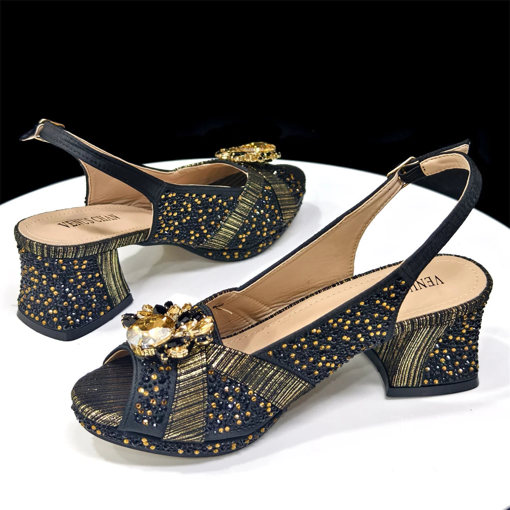 Elegant 2025 Gold Peep-Toe Heels with Diamond Accents - Italian Matching Pumps and Bag Set for Parties