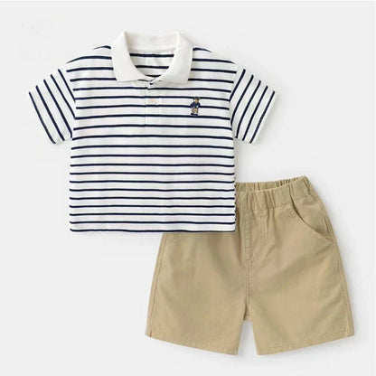 Boys' Short-Sleeved Suit New Children's Minimalist Polo Shirt+Matching Shorts Two-Piece Set Fashionable Clothing for Baby Boys
