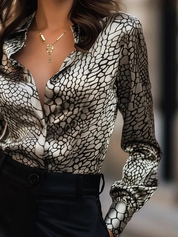 2025 New Long Sleeves Blouses Tops for Women Summer Fall Lapel Snakeskin Print Shirts and Blouses Business Casual Tops