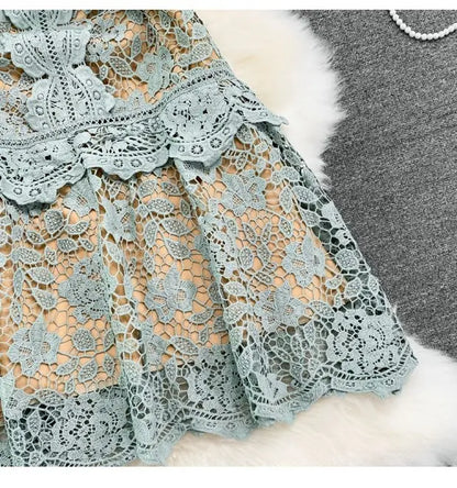 Retro Court Sle round Ne Fly Sve Slimming Soluble Hook Flower Hollow A-Line Dr Summer New Arrival Women's Faion
