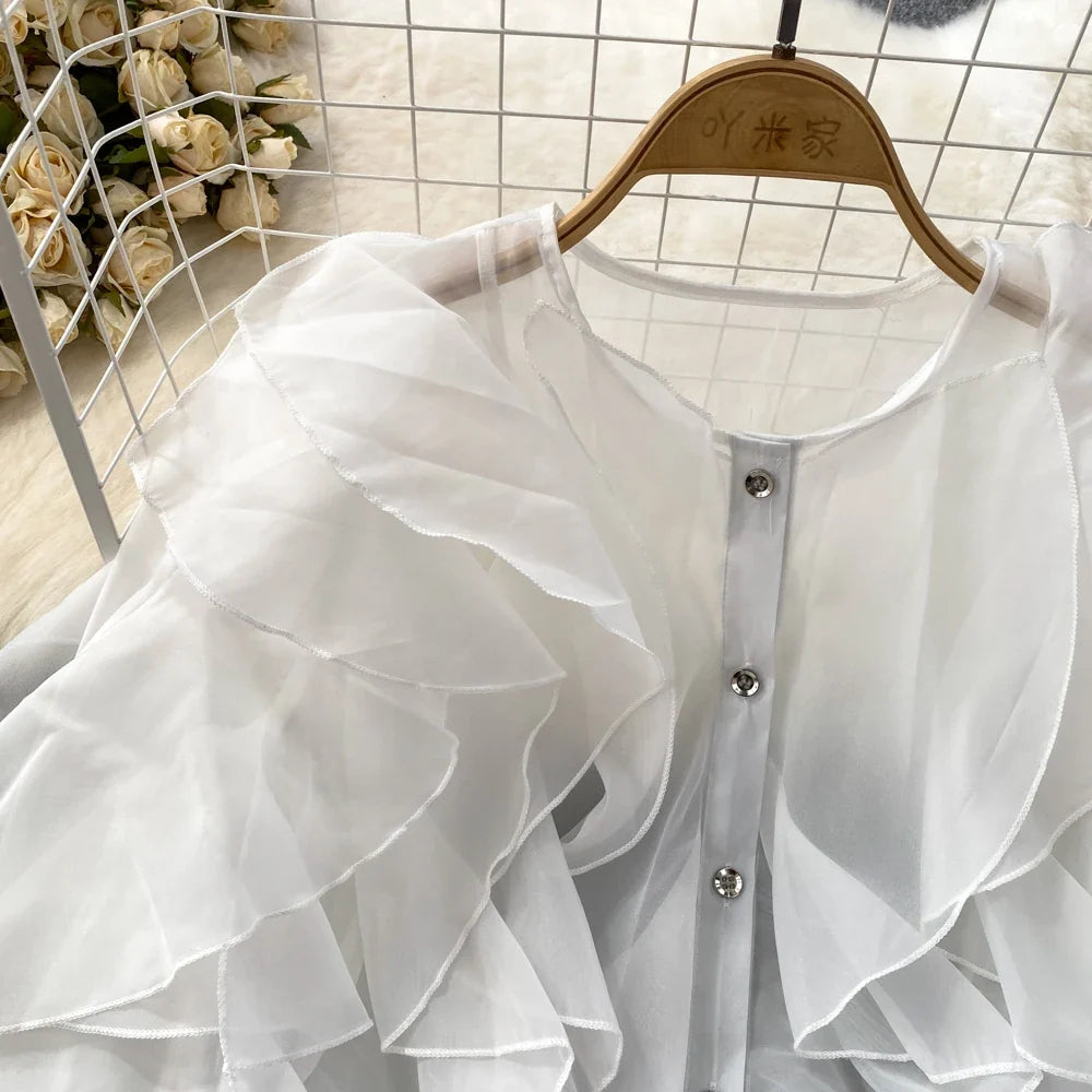 Autumn Blouse for Women Fashion O-neck Long Puff Sleeve Flounced Edge Shirts French Chic Versatile Female Tops Dropshipping